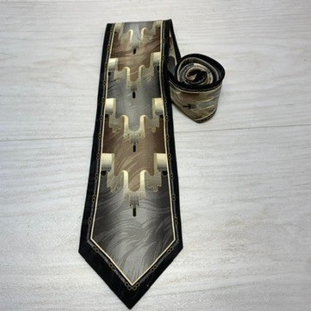 Ottimo Uomo Mens OS Necktie Art Deco Geometric Brown Black Silk Tie